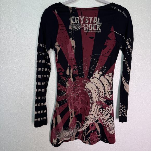 Christian Audigier Crystal Rock Shirt Womens Small Y2K Tuni Tsunami Rhinestone - Picture 2 of 12